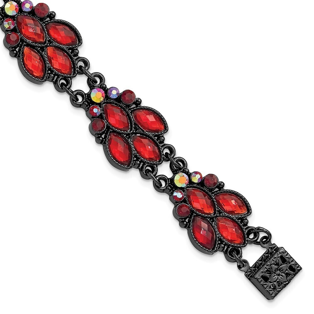 1928 Black-plated Faceted Red and Aurora Borealis Glass Stones 7.25"Bracelet